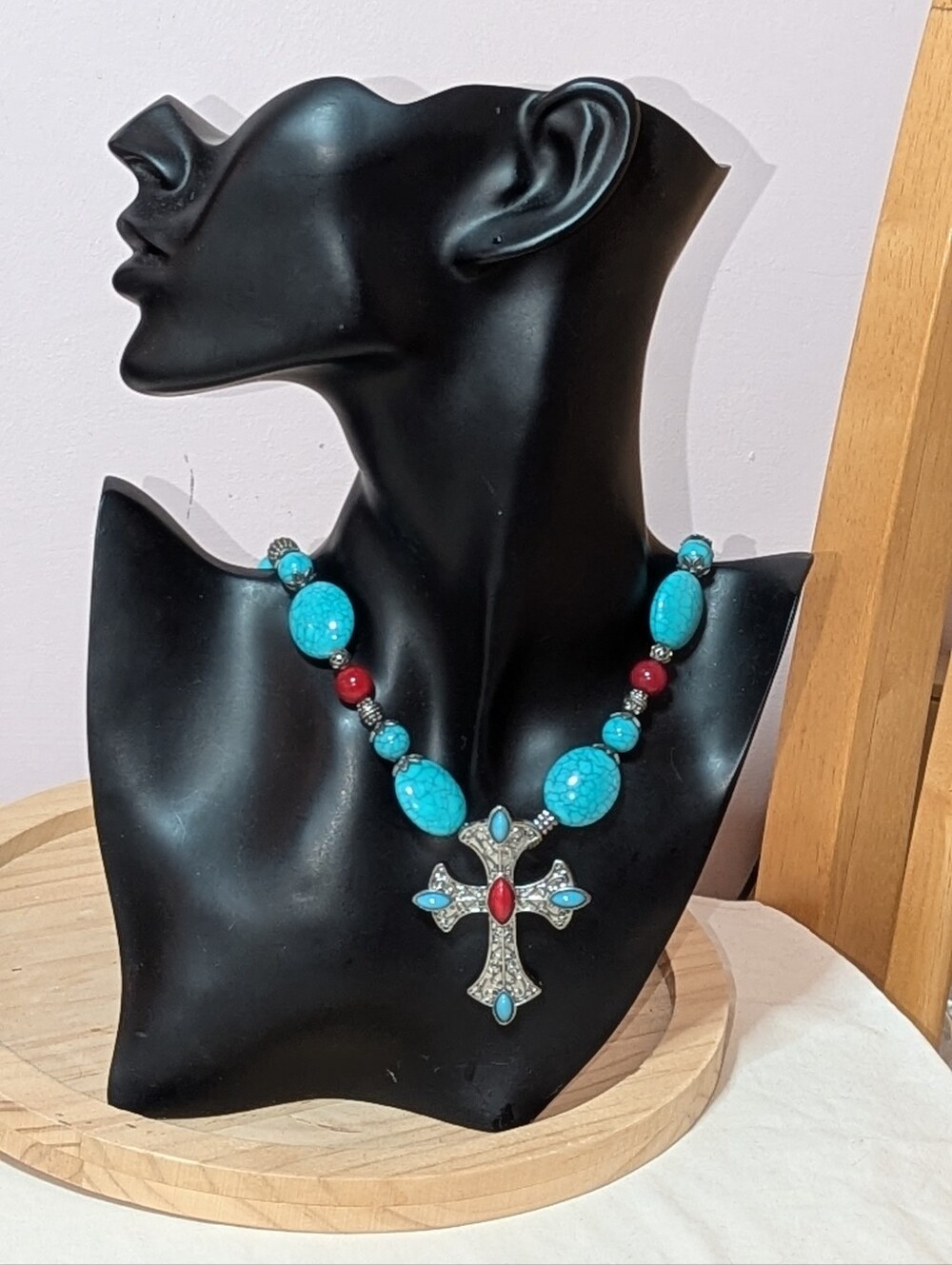 Faux Turquoise & Coral Cross Statement Necklace Artisan Western Boho + FREE GIFT